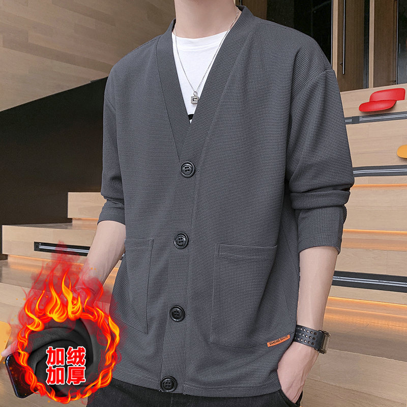 2024 primavera y otoño nueva Chaqueta de punto de galleta ropa exterior suéter con cuello en V estilo coreano de los hombres bolsa de parche tridimensional Chaqueta de traje pequeño