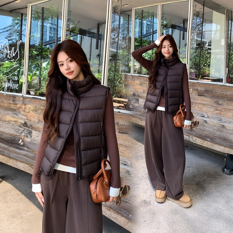 2026 New Korean Style Stand Collar Lightweight Down Cotton Vest for Women, Autumn and Winter Short Slim Fit Sleeveless Jacket