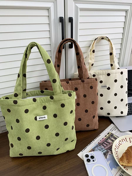 Corduroy Lunch Box Bag Commuter Bag Student Work Handbag Black Spotted Cute Versatile Handbag Wholesale