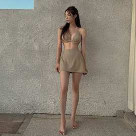 轻奢简约韩国ins风特殊面料性感比基尼Bikini保守裙款游泳衣女