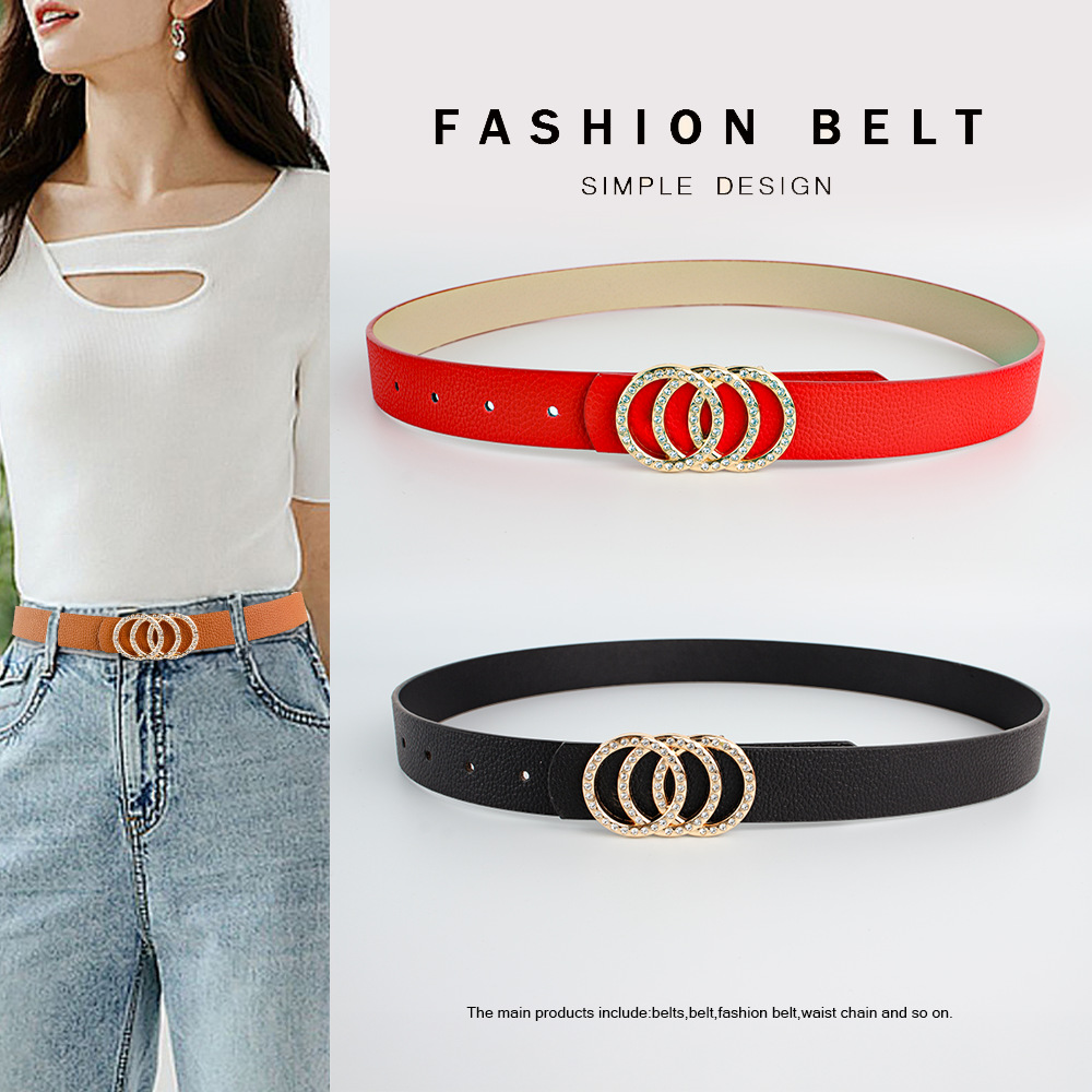 Spot transfronterizo moda europea y americana señoras oro 3 círculos hebilla de aleación de diamantes todo fósforo cinturón geométrico simple al por mayor