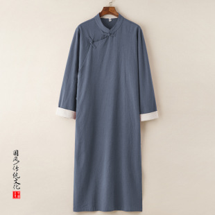 Spring and summer 2025 new Chinese style men's cotton and linen robe mid-length gown crosstalk suit ancient costume buckle trench coat for men