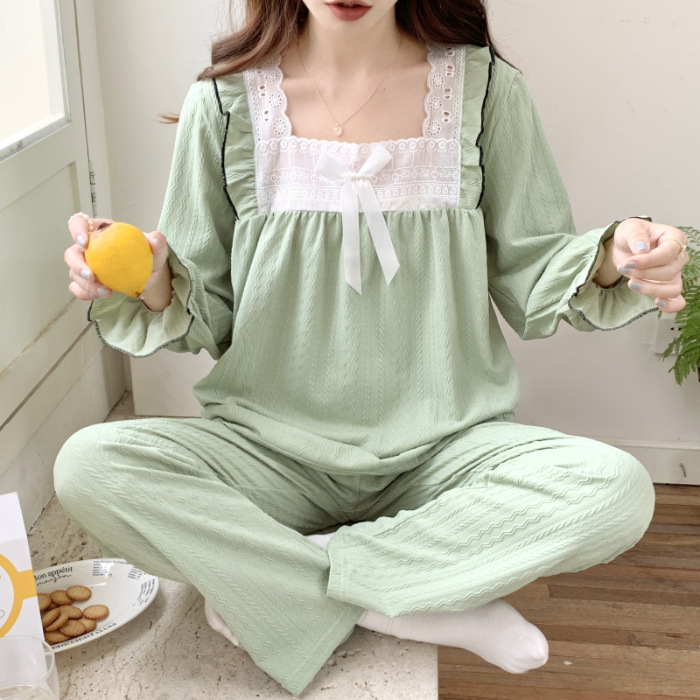 Oso de fresa primavera y otoño pijamas de algodón de manga larga pantalones de estilo de princesa dulce de las mujeres más el tamaño casual ropa para el hogar