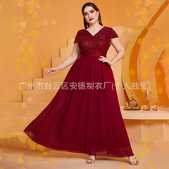 欧米の大きいサイズの婦人服の新型vネックのスパンコールはシフォンの高腰のドレスのスカートのアマゾンの独立駅のワンピースをつなぎ合わせます。