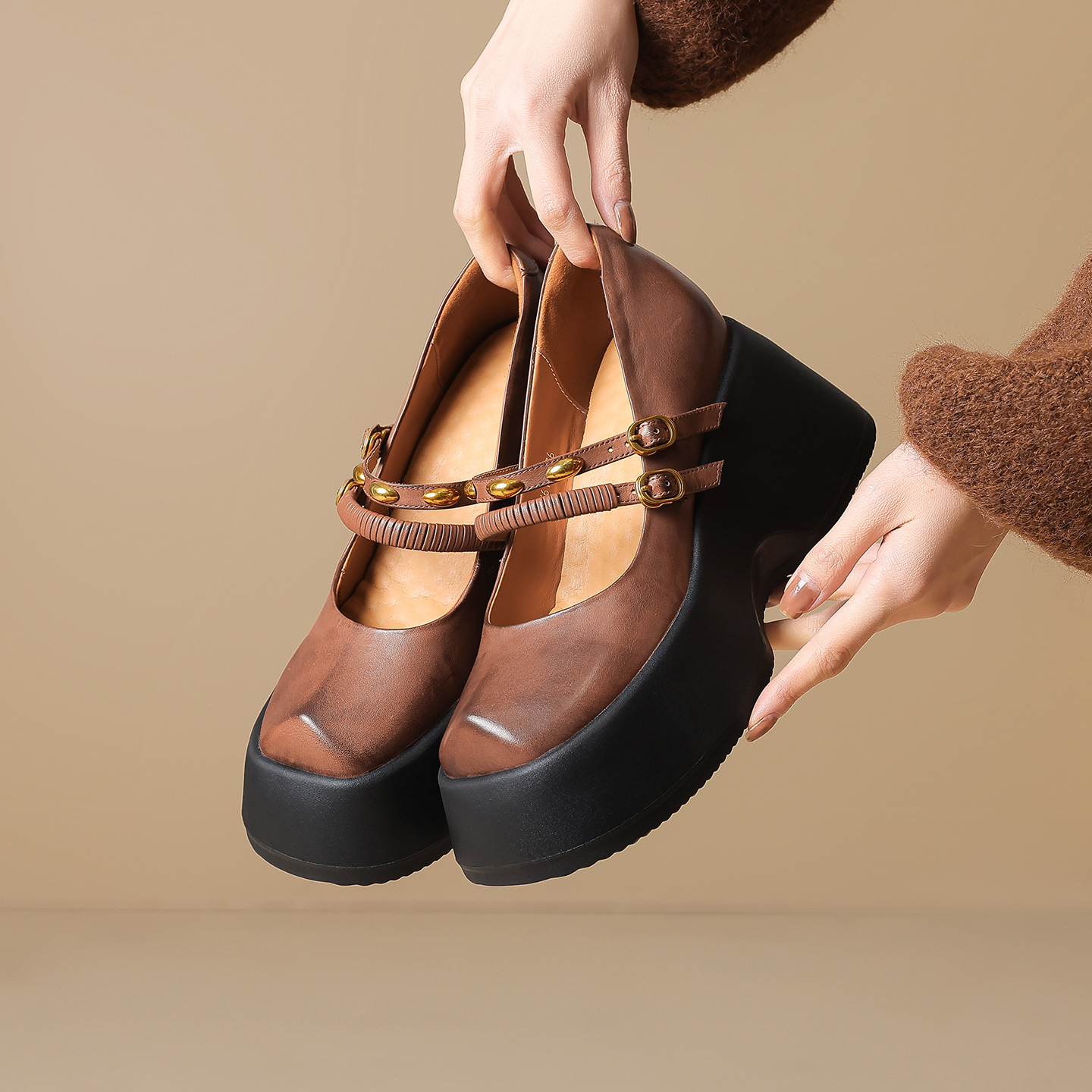 Giày Lolita platform đế xuồng 10 cm phong cách Anh Quốc cổ điển — màu nâu