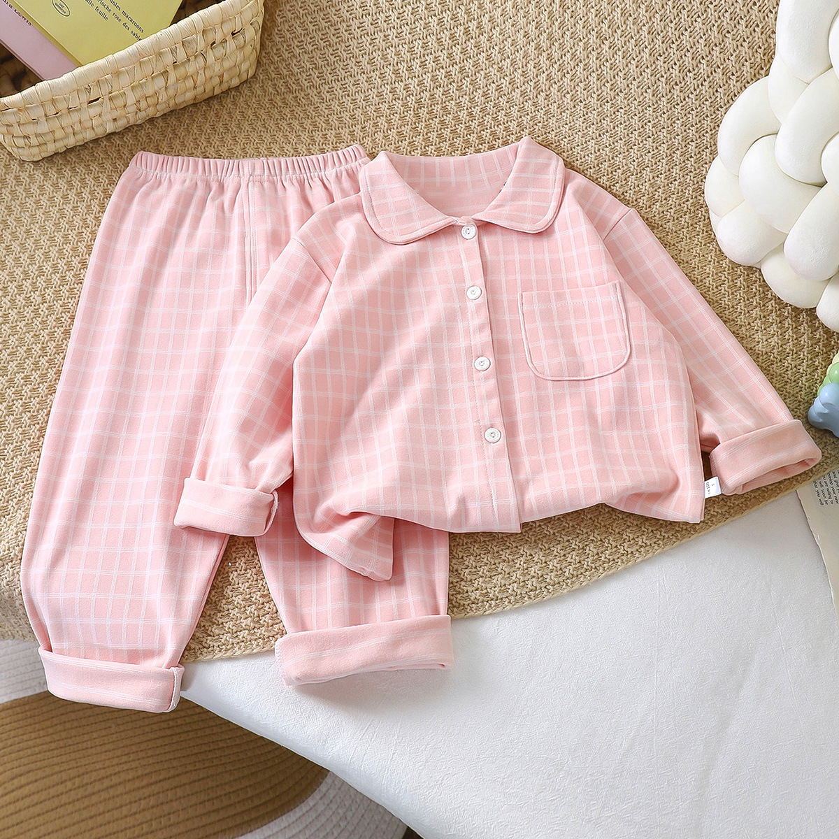 Pajamas infantiles de cotton de estilo coreano para niños y niñas, camisetas simples a cuadros, ropa para el hogar con solapa de dos piezas para mantener el calor