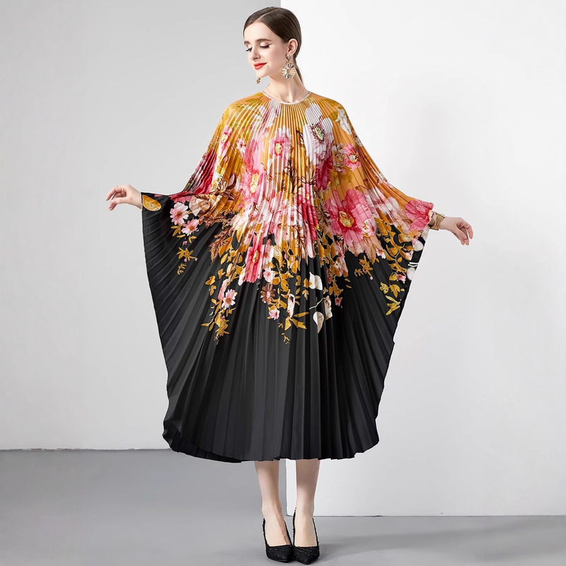 Manufacturer Floral Cape Dress Cross-Border Long-Sleeve Pleated Batwing Loose Style Japanese and Korean Casual Wear