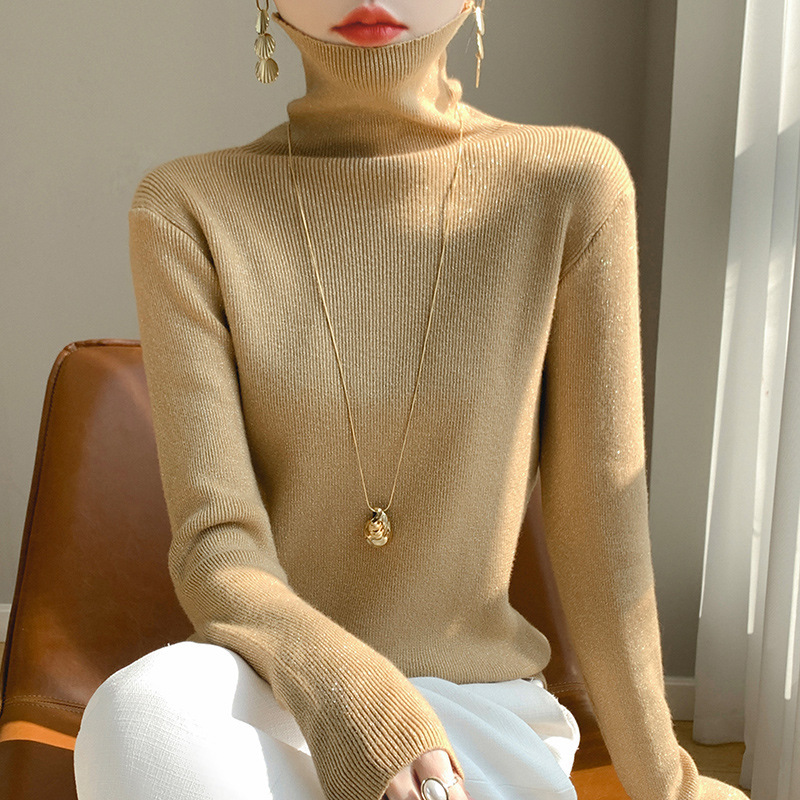 Heap Collar Gold and Silver Silk Base Shirt Women's Winter Thickened Knitted Shirt Inner Top 2024 Explosive Turtleneck Sweater for Women