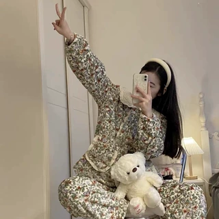 韩系秋冬女款超柔甜美小碎花娃娃领长袖睡衣家居服套装