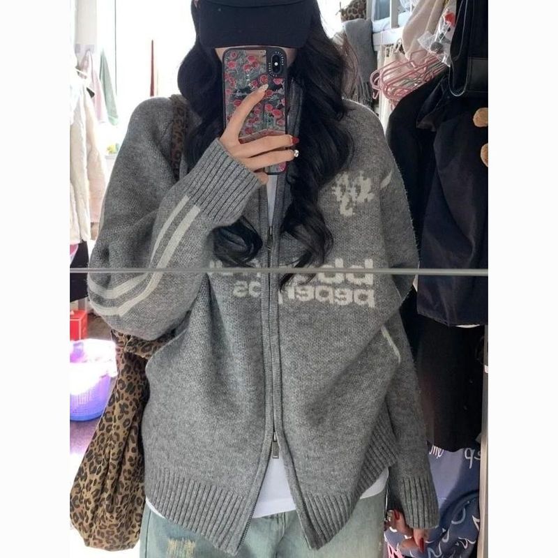 美式复古上衣秋冬新款外套针织拉链棒球服慵懒宽松毛衣开衫百搭|undefined