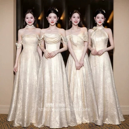 Champagne-colored bridesmaid dress 2026 summer new French style high-end niche jacquard gilded sister dress bridesmaid group dress