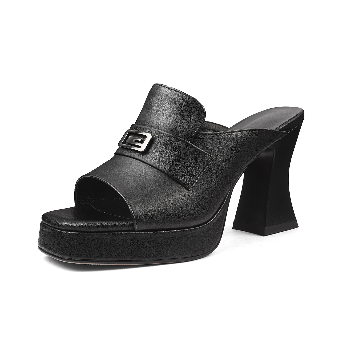 Sandal cao gót nữ mũi vuông hở mũi, gót 9 cm, đế xuồng dày, chất da thật — Da bò trắng kem, Da cừu lộn đen, Da bò đen