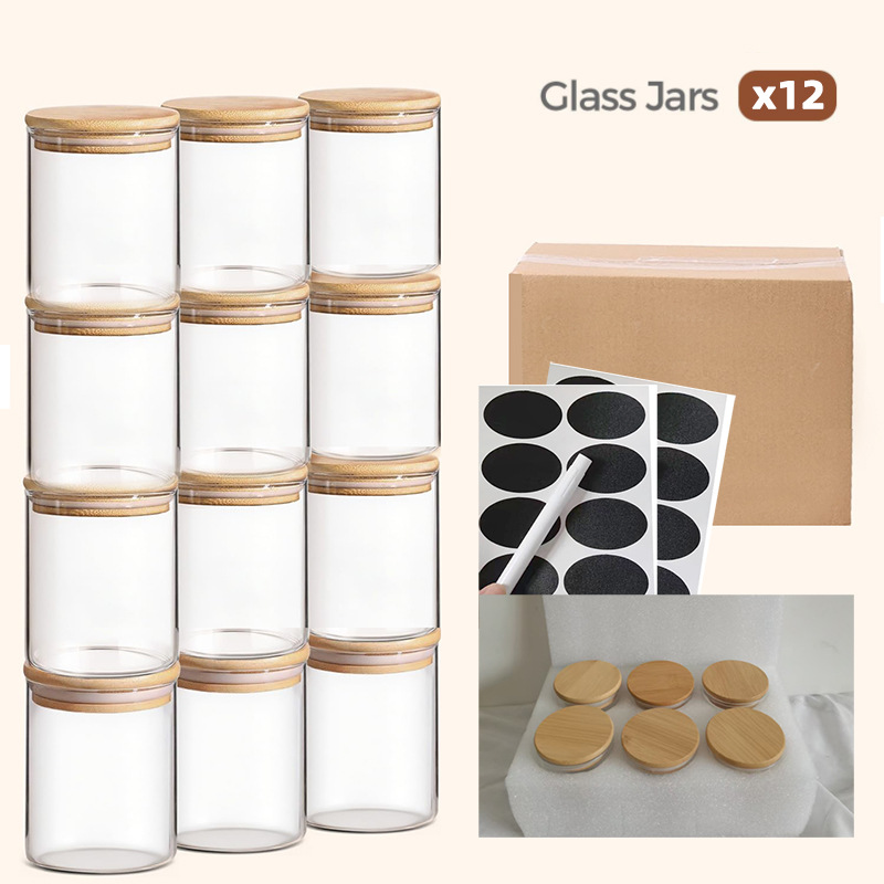 Round Food Sealed Bamboo Lid Glass Jar Combination Kitchen Seasoning Fresh Storage Jar 12-Piece Glass Jar Set