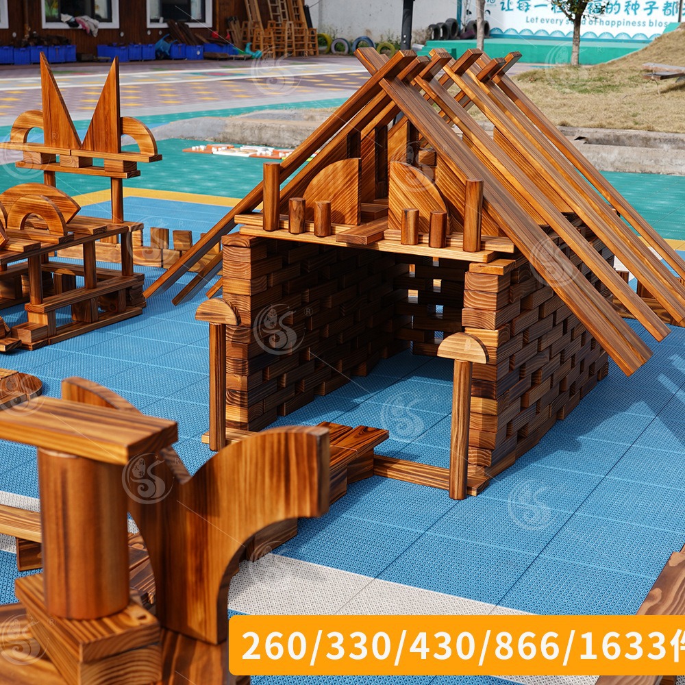866 pieces/1633 pieces of outdoor large construction area carbonized building blocks bricks solid wood building outdoor charcoal burning toys