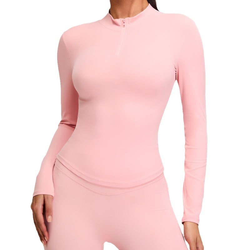 Ropa de yoga de manga larga con cuello alto de otoño e invierno, camisa deportiva de entrenamiento delgado con media cremallera para mujer, camiseta, ropa de fitness transpirable delgada