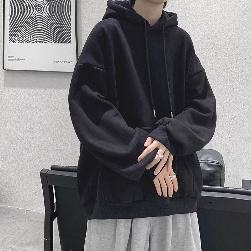 Red Wolf Autumn New Youth Solid Color American Style Loose Pullover Jacket with Fleece Design Thickened Hooded Sweatshirt