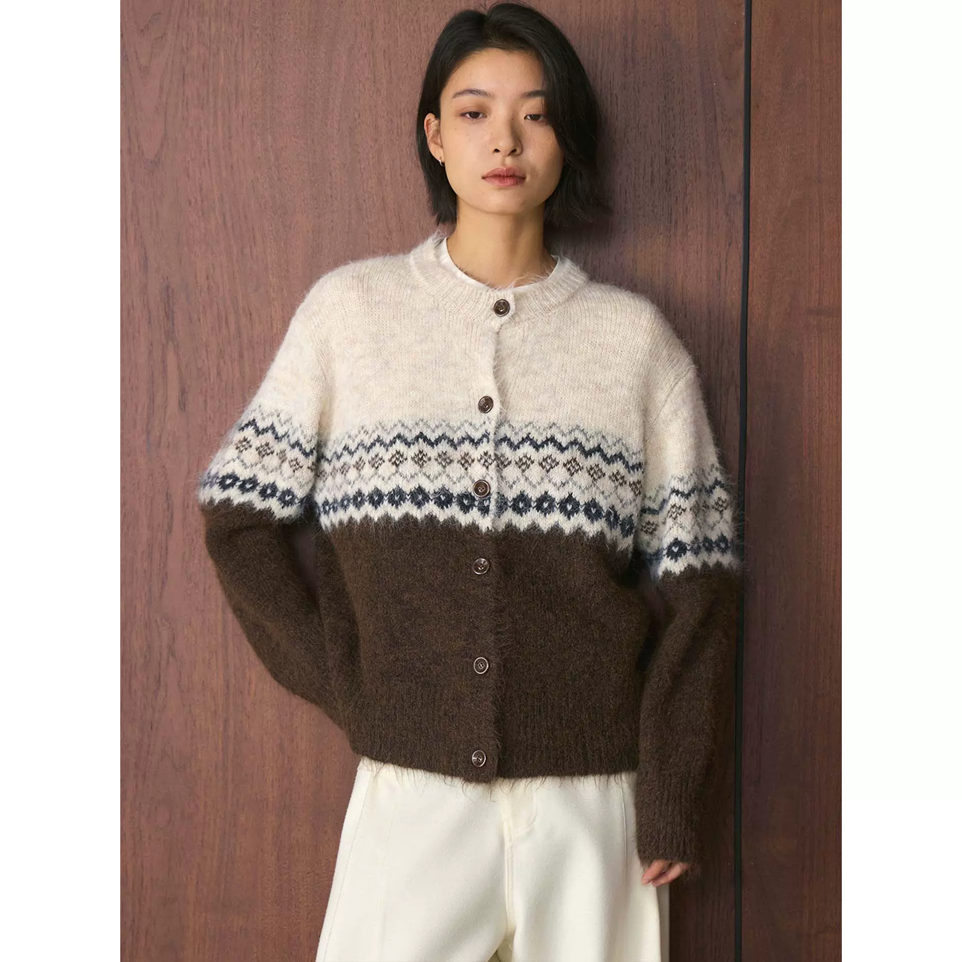 卢浮冬季新款韩版时髦费尔岛撞色提花针织羊毛开衫圆领宽松上衣女