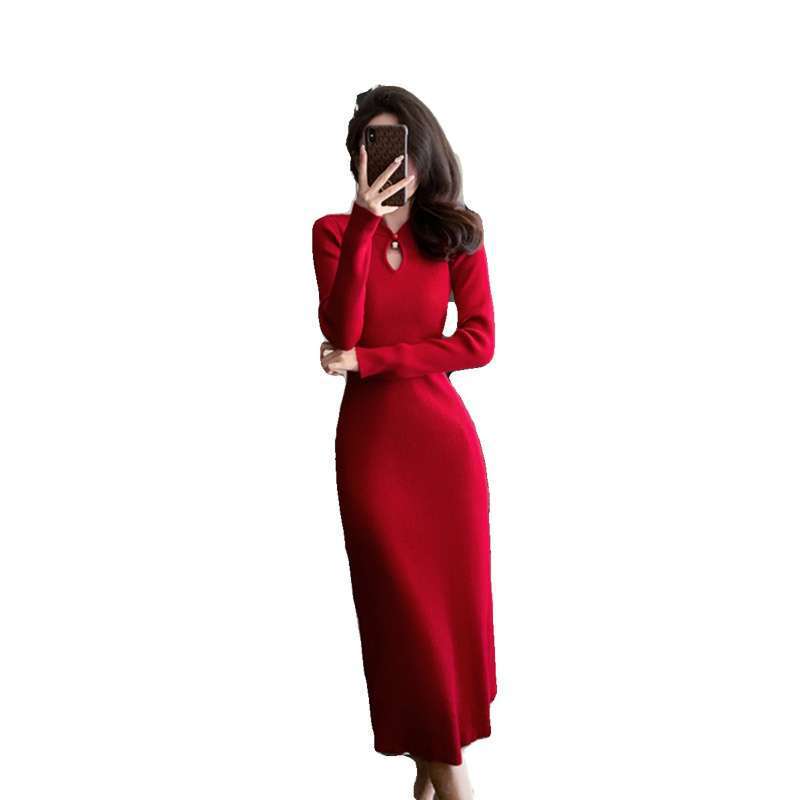 Korean New Chinoiserie Improved Cheongsam Knitted Sweater Dress Ol Christmas Red Toast Dress over the Knee Long Skirt Korean New Chinoiserie Improved Cheongsam Knitted Sweater Dress Ol Christmas Red Toast Dress over the Knee Long Skirt