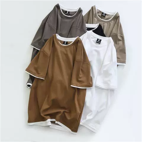 22-1 # Японский! Поддельные два дизайна! Мужская весенне-летняя хлопковая Повседневная Свободная футболка с круглым вырезом и короткими рукавами