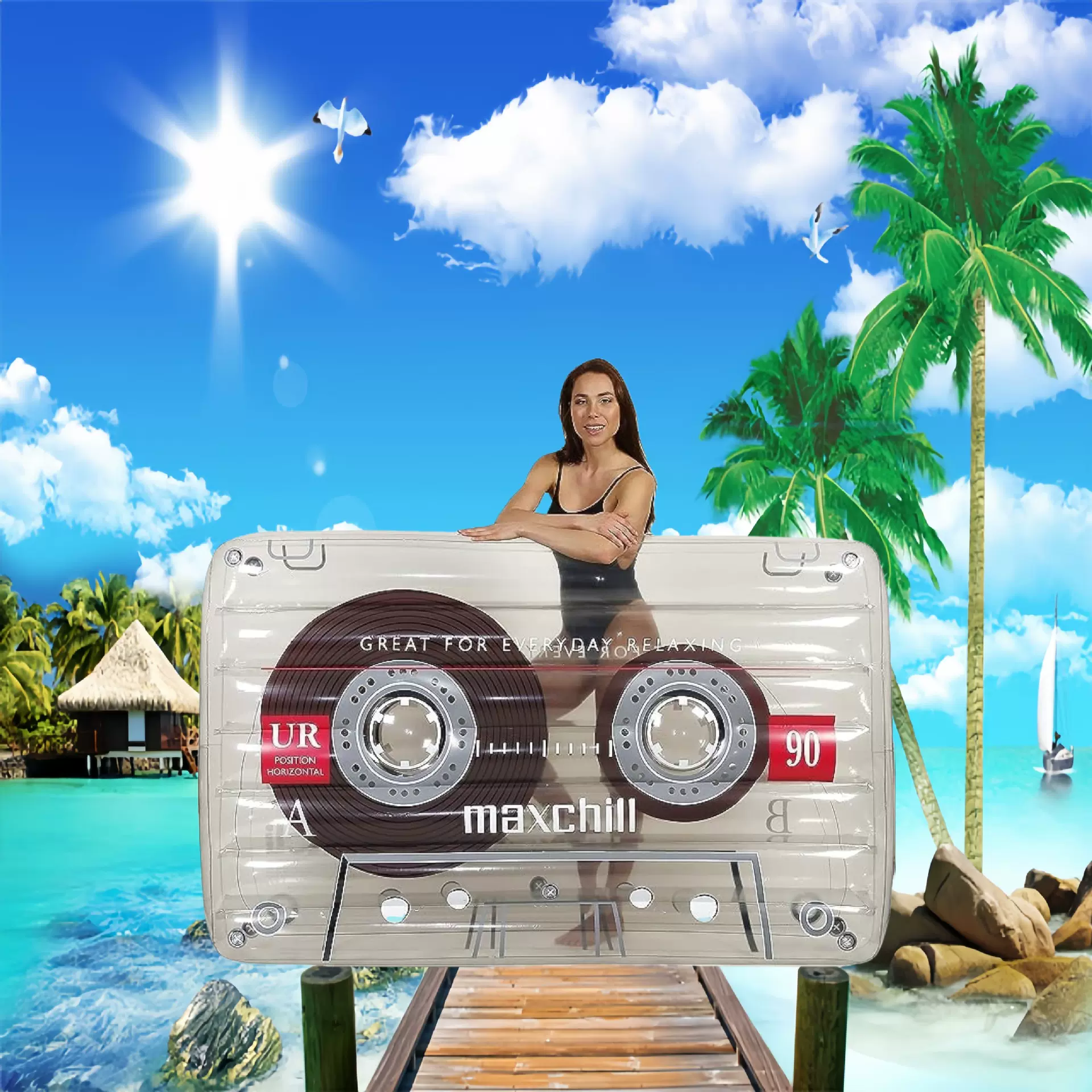 跨境定制水上用品工厂创意充气透明磁带浮排圆形长方形录音带浮床