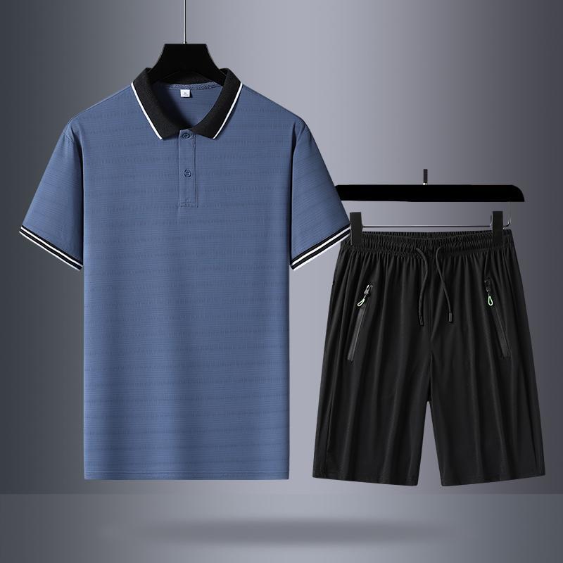 Verano hielo de manga corta pantalones cortos de dos piezas hombres camiseta de manga corta polo casual con solapa de mediana edad pantalones cortos grandes