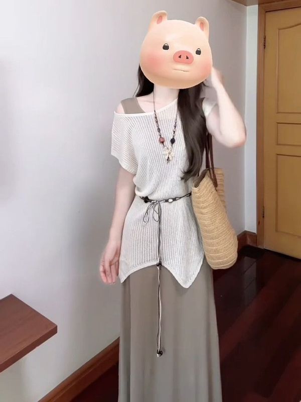 慵懒韩系时尚套装女夏新款防晒宽松针织罩衫显瘦背心连衣裙两件套|undefined