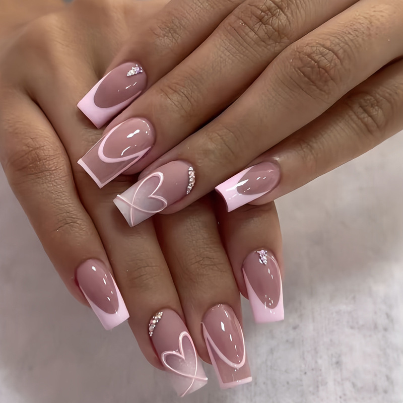 Wearable Fake Nails with French Heart Design, 3D Rhinestones, Silver Beads, European and American Style, Removable Nail Pieces, Nail Art Stickers