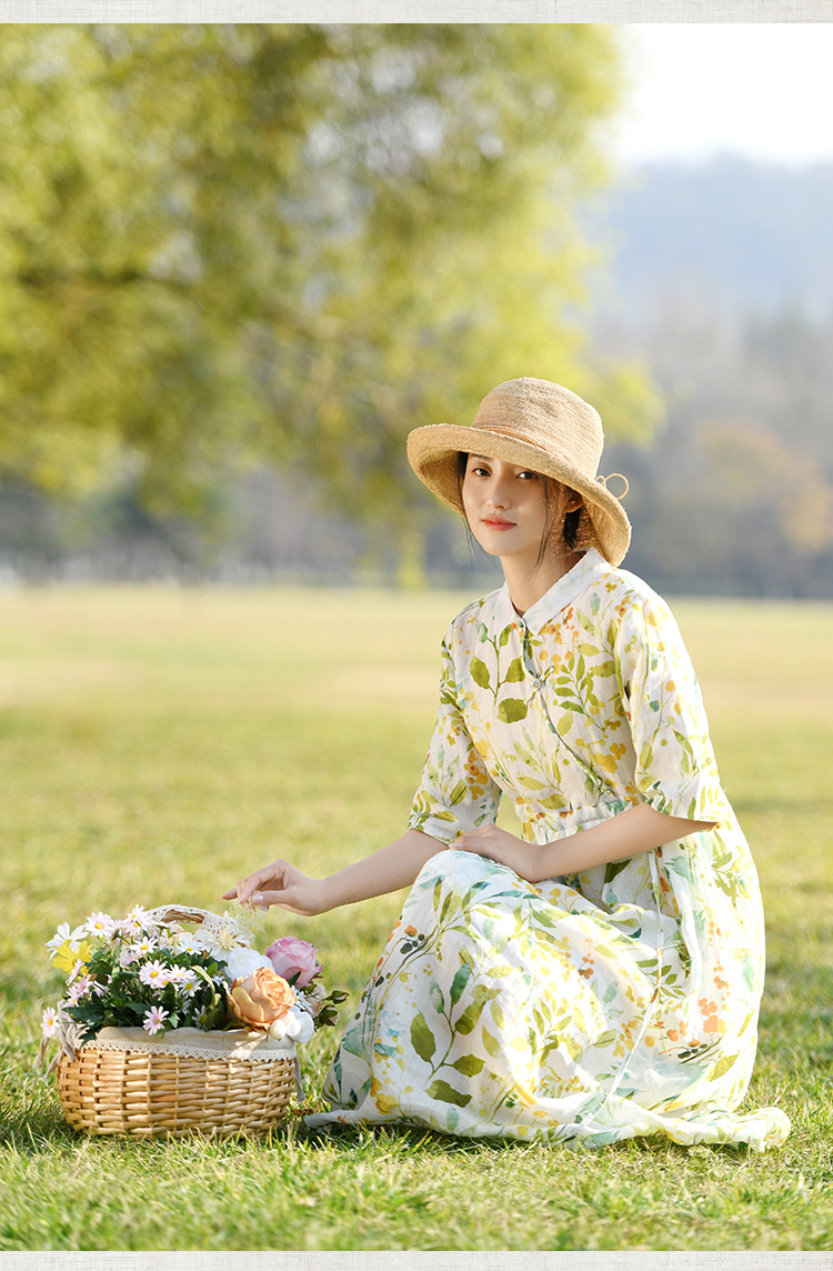 新中式棉麻女装2023春夏季新款碎花连衣裙女翻领显瘦女士苎麻长裙详情18