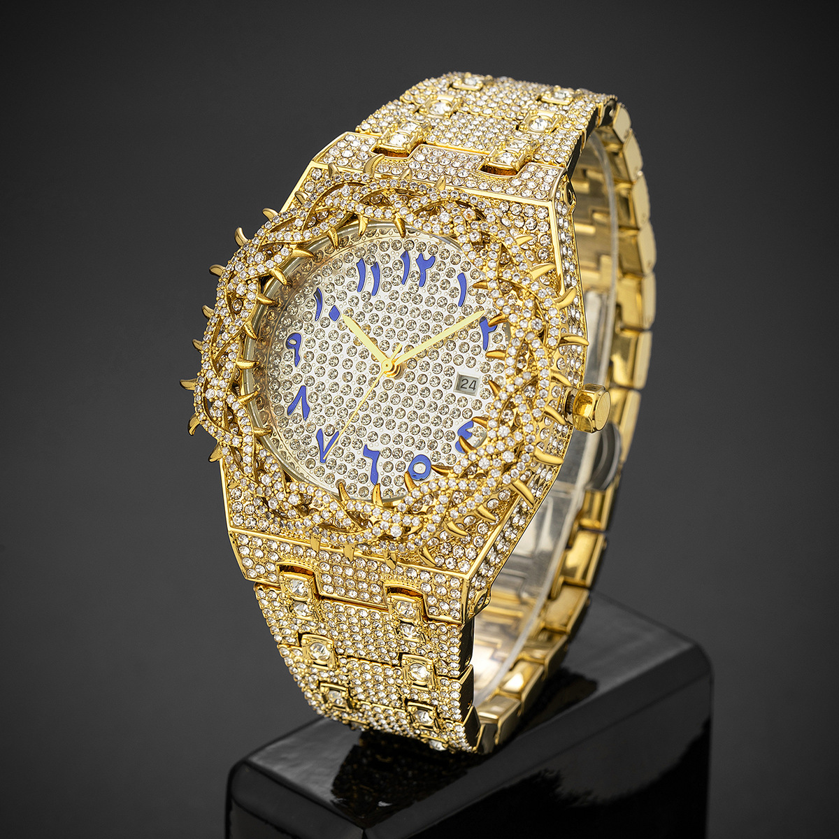 Quartz klocka solros diamant blå arabiska siffror stålband_voghion.com