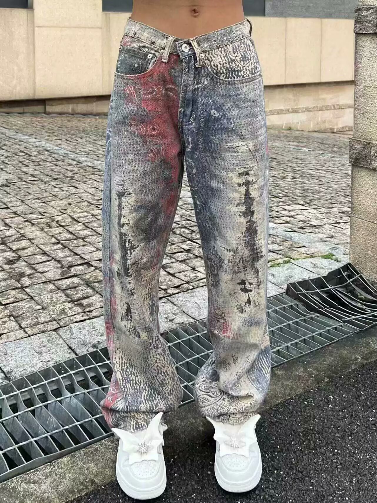 American High Street Trend Brand Wasteland Dirty Style Digital 3D Print Unisex Casual Wide-Leg Straight Jeans_viptrois.com