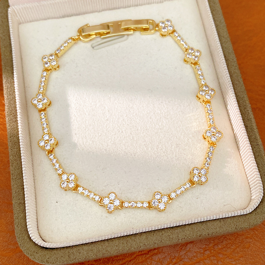 18 quilates de oro verdadero electronita de diamante de hierba de la suerte pulsera de flores ligera pulsera de nicho de lujo personalidad temperamento joyas de moda