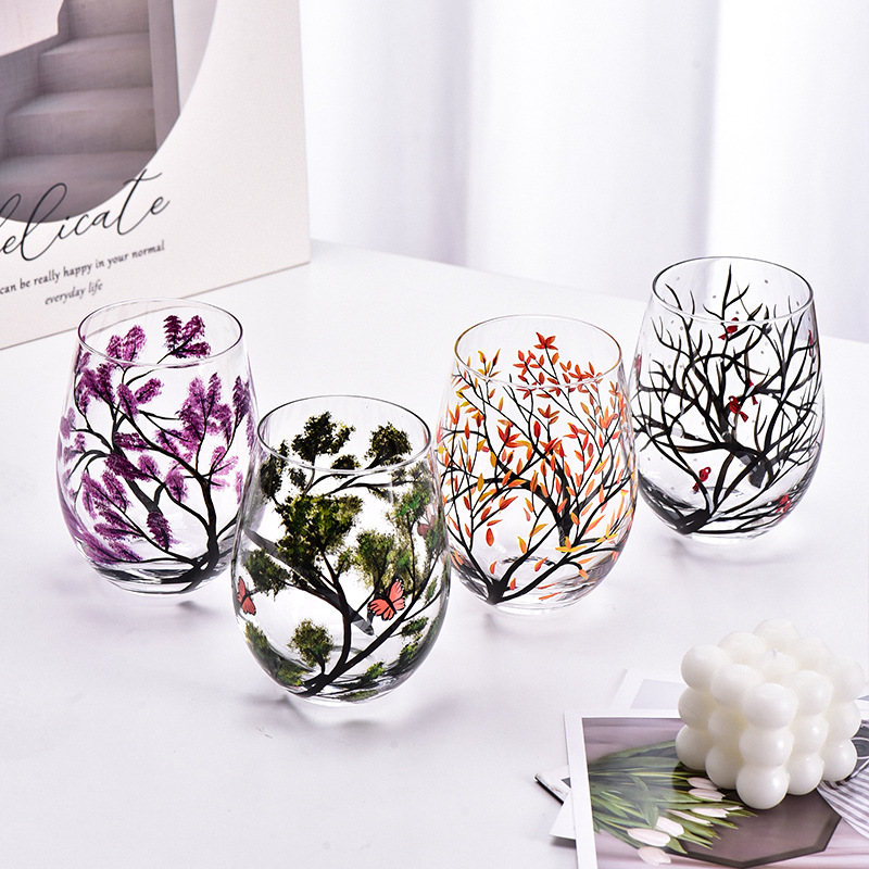 Tazas de vino pintadas a mano de cuatro estaciones de tazas de árboles de alto pie caseras de vinos creativos conjuntos no yx