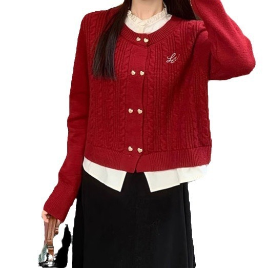 小香风外套刺绣设计感假两件宽松短款开衫红色毛衣少女风针织衫女|undefined