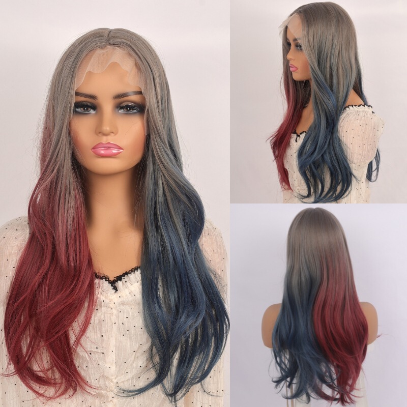 New European and American front lace wig head cover simulation high temperature silk gradient long curly hair wholesale color full head cover wigs