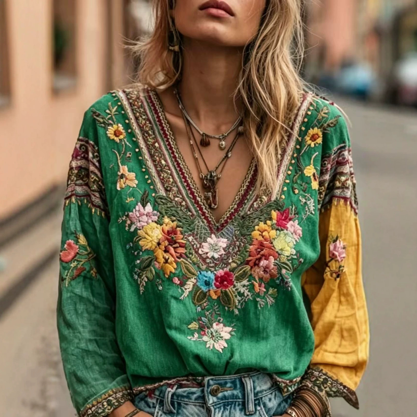 European And American Women's Casual Retro Bohemian V-neck Top Ethnic Style Long Sleeves_ecoleips.com