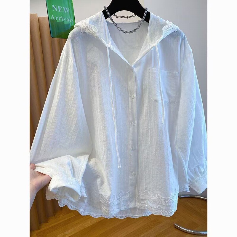 High-End White Hooded Shirt for Women, Spring 2026 New Style, Loose Casual Lace Patchwork Shirt Jacket Top High-End White Hooded Shirt for Women, Spring 2026 New Style, Loose Casual Lace Patchwork Shirt Jacket Top