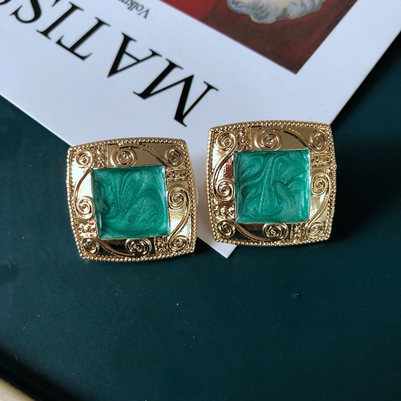 10g Weight No Inlaid Inlay Material Earrings, Ear Studs Classification Travel Occasion Printing Pattern Women'S Gender Plating Design Simple Style Style Green, Gold, Silver Color Fashion Geometric Flower Green Fan-shaped Earrings 9