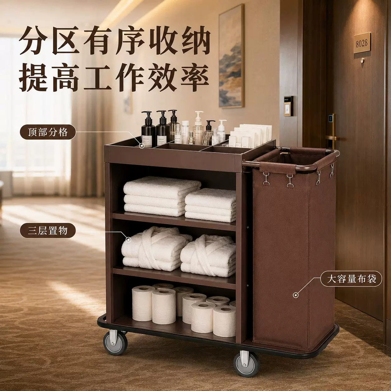 Hotel Multi-Functional Linen Cart, Housekeeping Work Cart, Cleaning Cart, Room Sanitation Service Cart