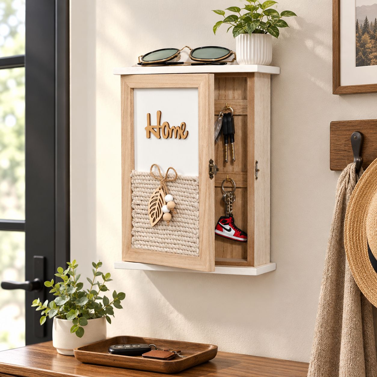 2026 Spring Wall-Mounted Wooden Key Hook Storage Box Wall Decoration Entryway Living Room Storage and Organization New Product