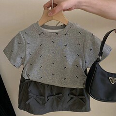 韓國童裝女童蝴蝶結印花短袖T恤2024夏季兒童時尚簡約風百搭上衣