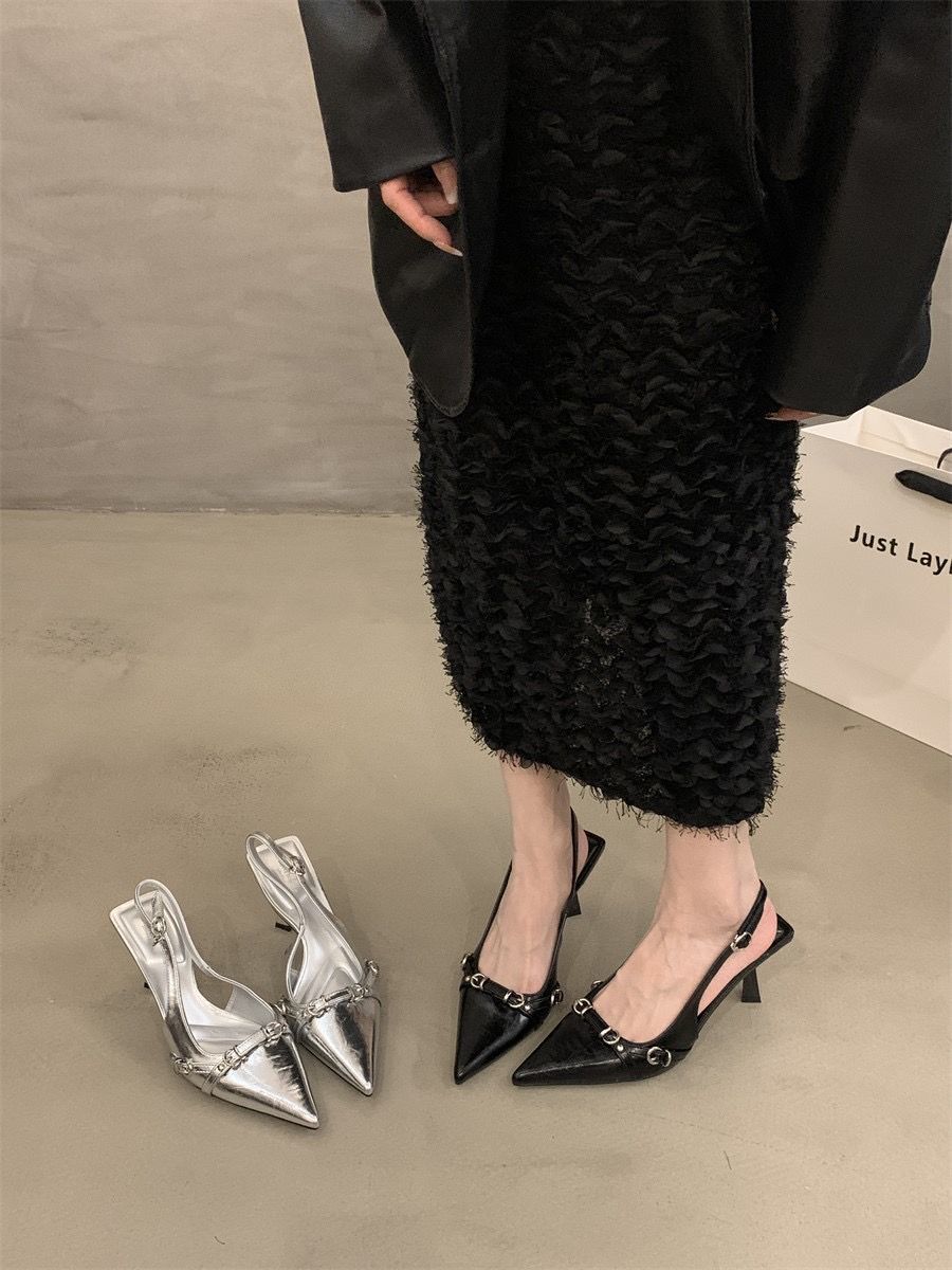 Design Sense Silver Pointed Toe High Heel Sandals For Women Summer New Elegant Socialite Versatile_vogvips.com