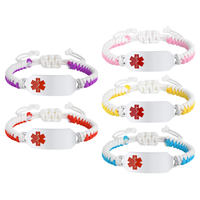 Stainless Steel Corrosion Red Medical Logo Curved Plate Yellow and White Two-Color Wax Rope Braided Medical Alert Bracelet Br-1089S