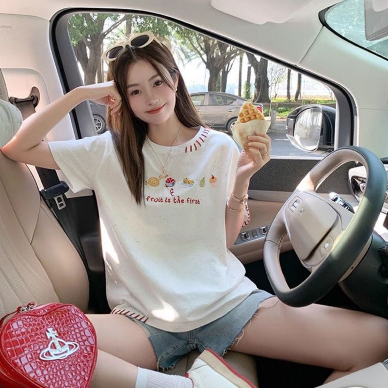 美式重磅纯棉大码女装2025新款重工刺绣百搭短袖T恤女宽松上衣女|undefined