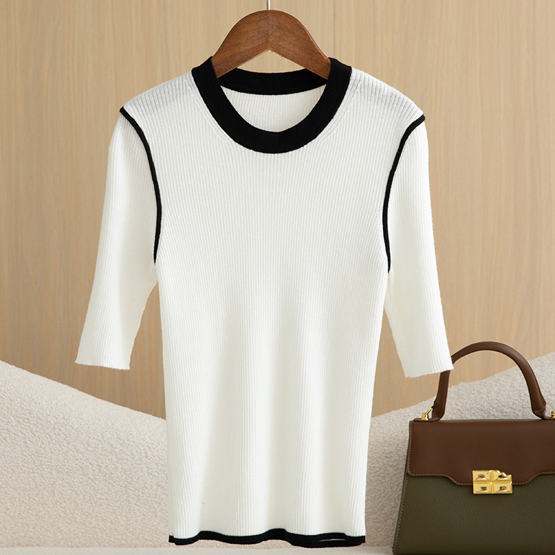 2025 New Summer Color-Blocked Worsted Wool Round Neck Knitwear Three-Quarter Sleeve Women's Abstract Slimming Look Top