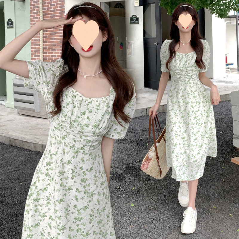 Женское летнее платье с цветочным принтом и квадратным вырезом, длинная юбка для похудения талии во французском стиле для женщин