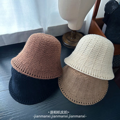 镂空钩花针织帽子女秋冬新款百搭简约水桶帽子休闲优雅遮阳盆帽潮