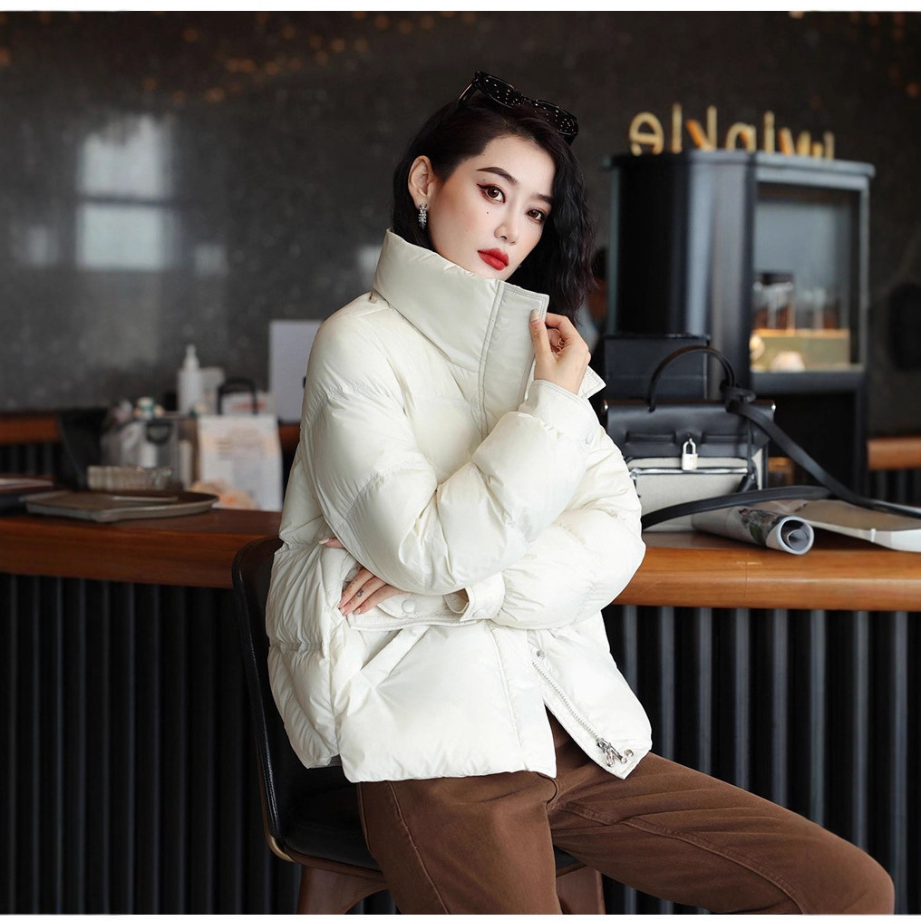 Invierno nuevo cuello vertical chaqueta de plumón mujer abrigo abrigo abrigo corto suelto stock