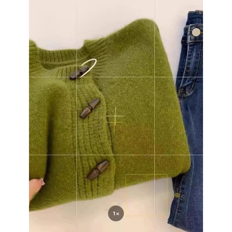 女性用グリーンホーンボタンニットカーディガン、秋冬ヨーロッパラクーンベルベット厚みのある冬アウターセータージャケット、高級感|undefined