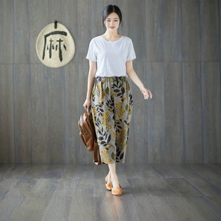 夏季薄款文艺复古印花宽松高腰九分裤女棉麻休闲裤2025棉麻跑量款
