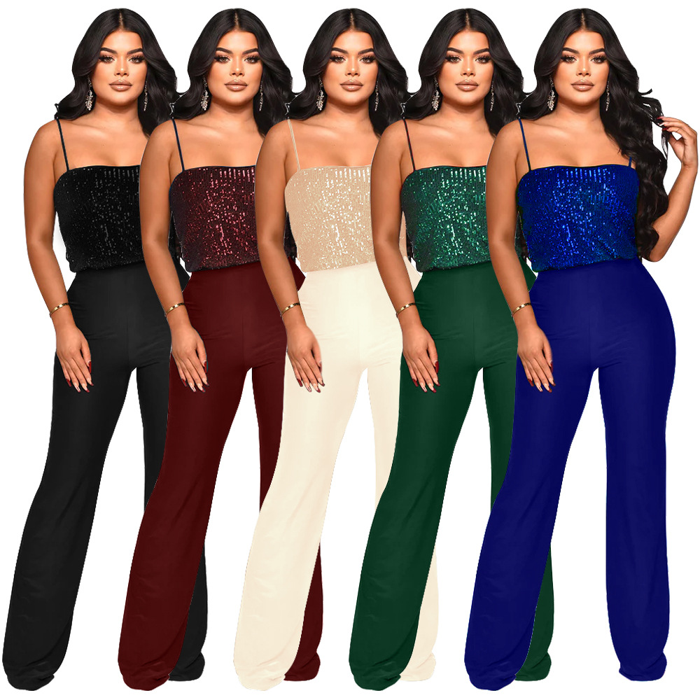 436g Weight Full Length Pants Length Women's Banquet Sexy Solid Color Full Length Sequins Jumpsuits
